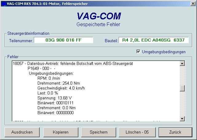 Fehlerspeicher Lesen/Löschen mit VCDS