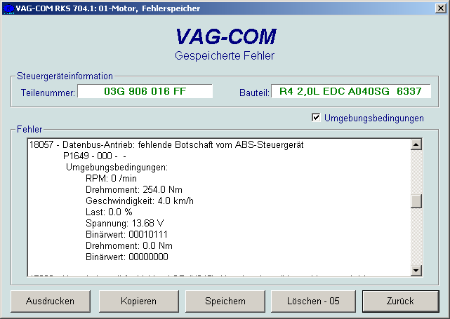Fehlerspeicher Lesen/L&ouml;schen mit VCDS